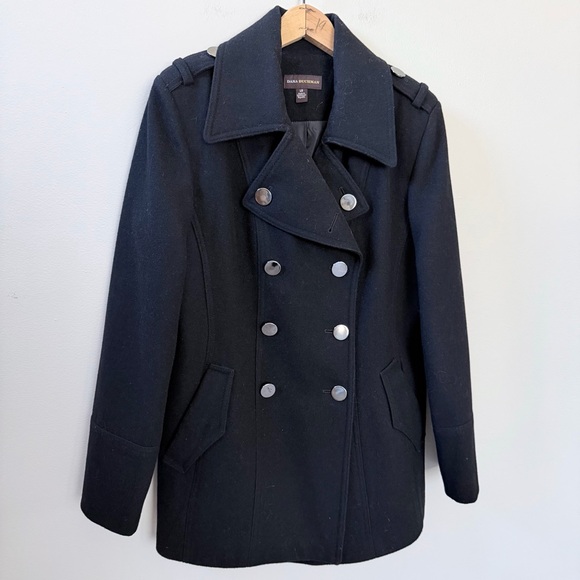 Dana Buchman Black Wool Blend Double-Breasted Pea Coat, Sz L - Picture 2 of 12